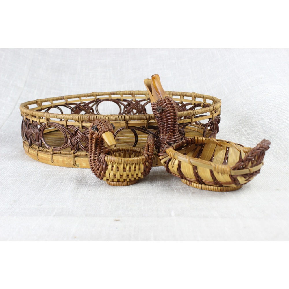 Vintage Wicker Basket Set 3pc Oval Tray and Duck Shaped Decorative Baskets
